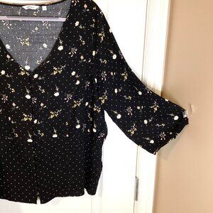 Reitmans Women's Black Floral Button Down Blouse Top Size 2X Smocking V-Neck
